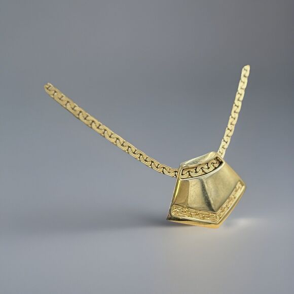 Vintage 1980s Gold Statement Necklace - Geometric Fan Pendant, Art Deco Revival - Picture 2 of 4